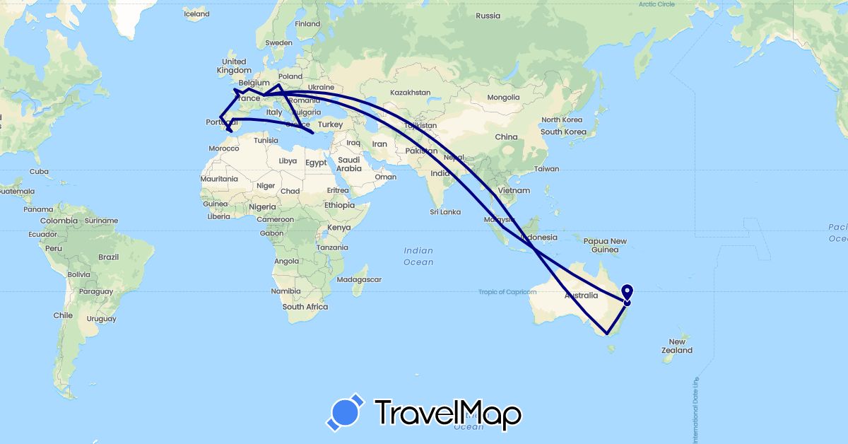 TravelMap itinerary: driving in Australia, Switzerland, Czech Republic, Spain, France, Greece, Portugal, Singapore, Thailand (Asia, Europe, Oceania)